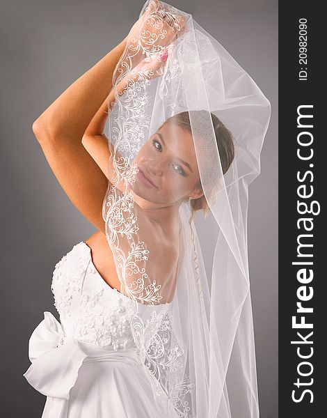 Beautiful bride under veil on studio neutral background. Beautiful bride under veil on studio neutral background