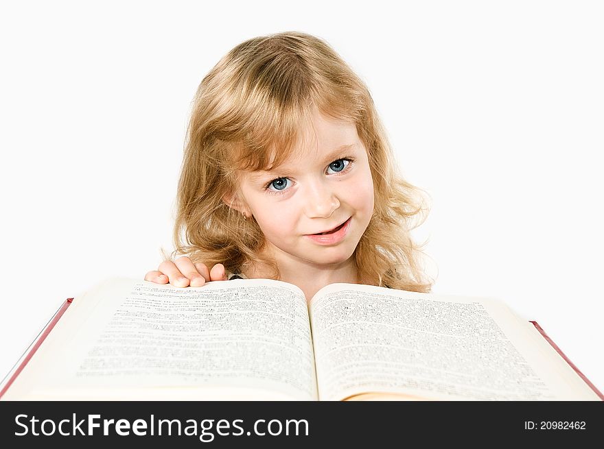 Little Girl With A Big Book Isolated On White