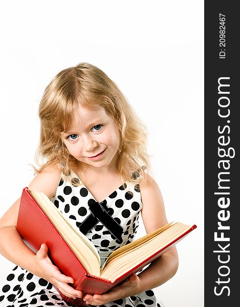Smartlittle Student Girl With A Big Book Isolated