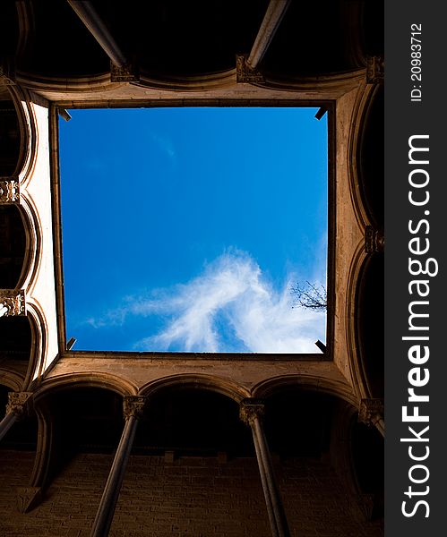 The sky viewed from the romanesque cloister of Santes Creus in Spain. The sky viewed from the romanesque cloister of Santes Creus in Spain