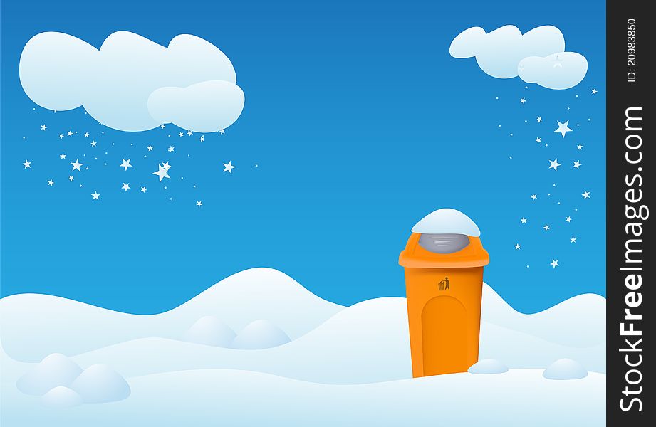 Winter landscape with bin, in background blue sky and clouds