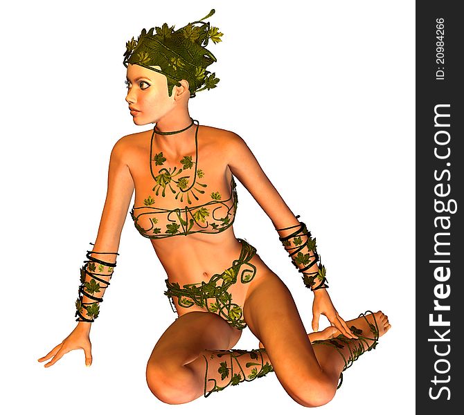 3d rendering of a seated woman in bikini leaf as illustration. 3d rendering of a seated woman in bikini leaf as illustration
