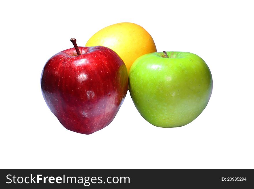 Closeup isolated juicy three apple. Closeup isolated juicy three apple