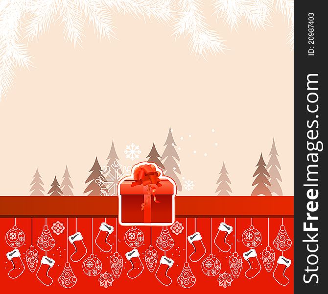 Red Beautiful Christmas card with hanging santa socks