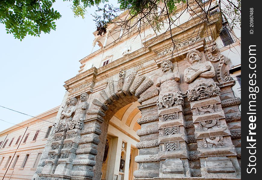 Porta Nuova - historical medieval triumphal gateway in Palermo, Sicily. Porta Nuova - historical medieval triumphal gateway in Palermo, Sicily