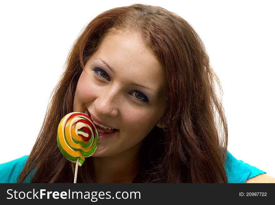 Lovely young woman with lolipop, on white background.