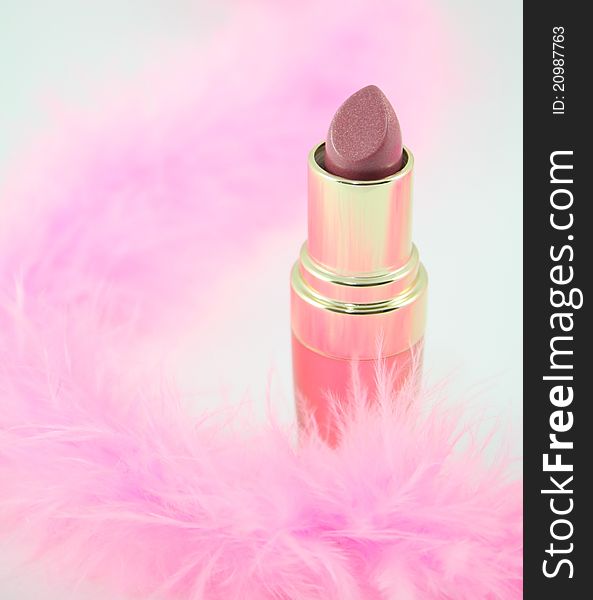 Pink lipstick with pink feathered boa.