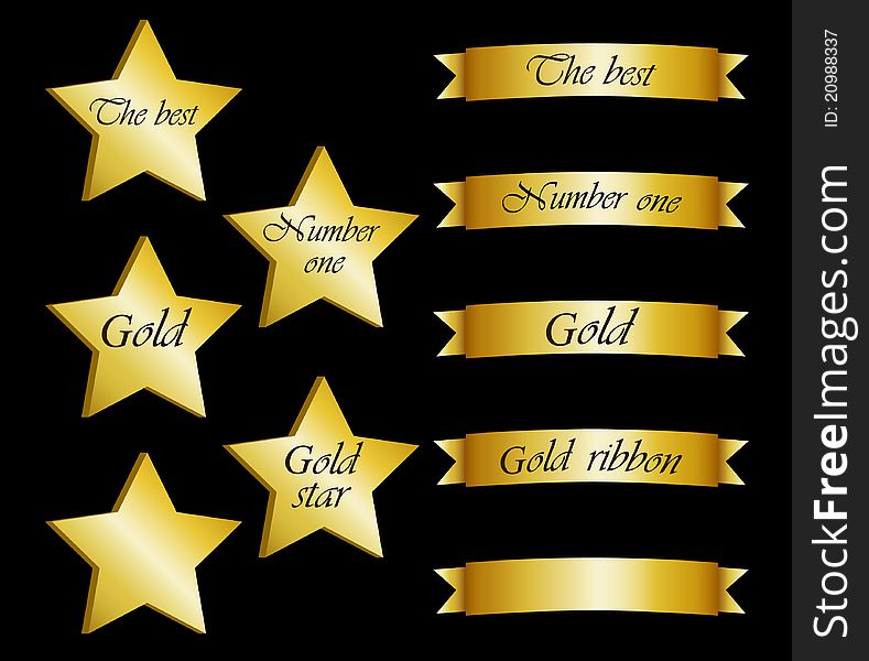 Collection of gold stars and ribbons with inscript