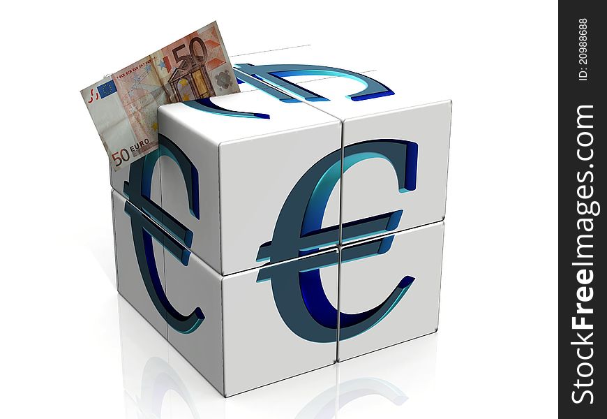 A cube with the symbol euro. A cube with the symbol euro
