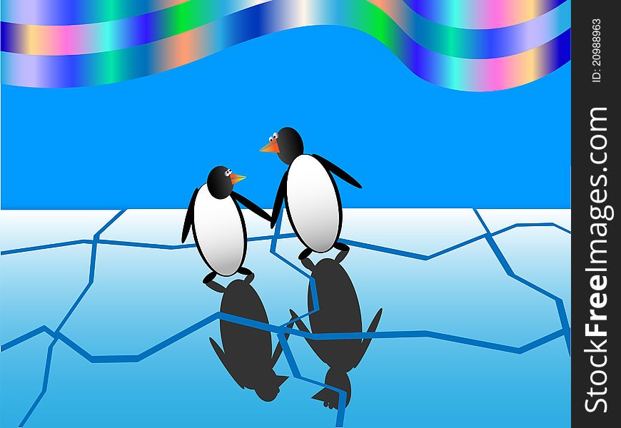 Vector illustration.funny penguins on the ice under the northern lights