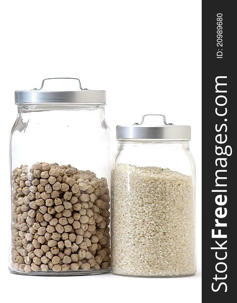 Glass jar with rice and chickpeas