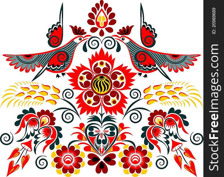 Illustration of color ornamental composition with bird
