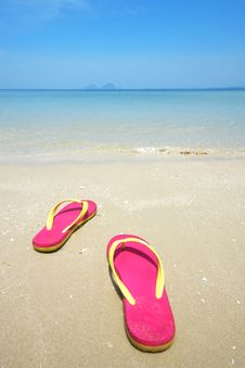 Pink Sandals On The Beautiful Beach Royalty Free Stock Photo Pink Sandals On The Beautiful Beach Royalty Free Stock Photo