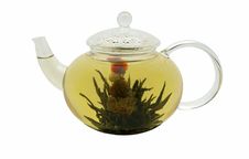 Flowering Green Tea In The Glass Teapot On White Royalty Free Stock Photography Flowering Green Tea In The Glass Teapot On White Royalty Free Stock Photography