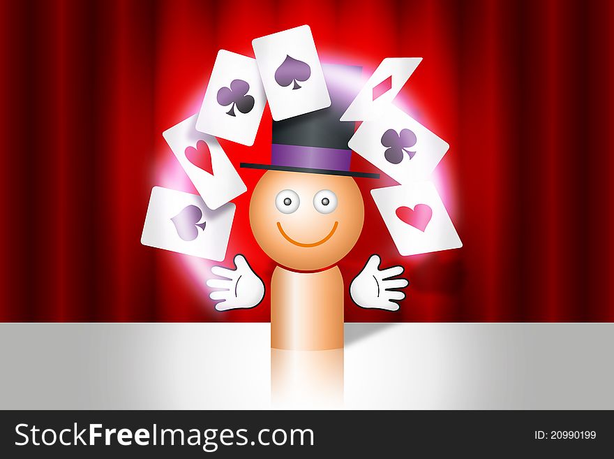 Magician with cards standing ahead of red vail.