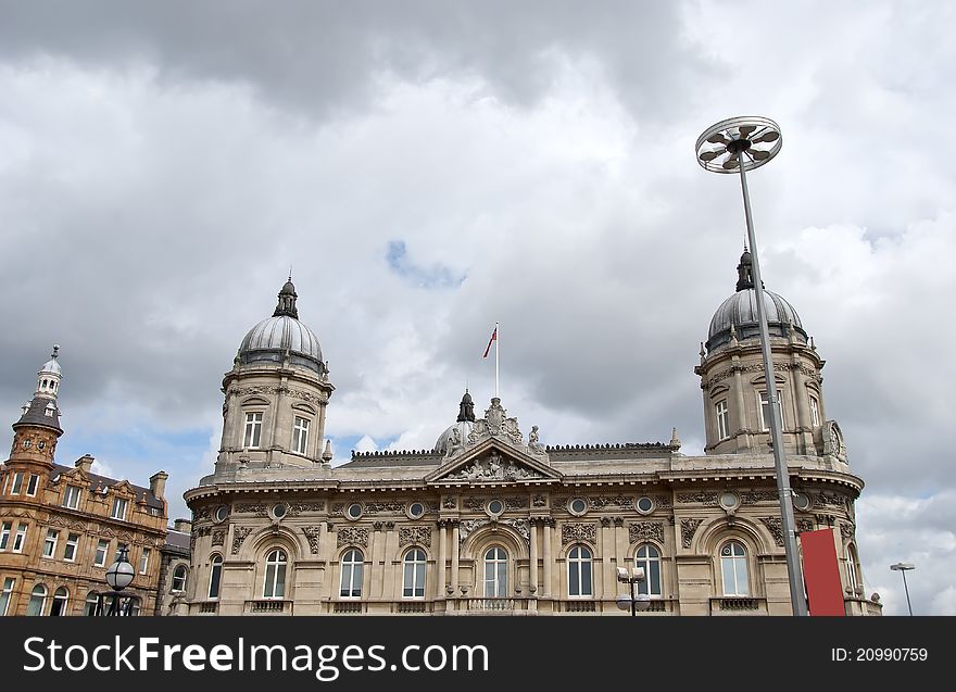 The Twin Domes of an ornately carved Victorian Era Civic Building in Yorkshire. The Twin Domes of an ornately carved Victorian Era Civic Building in Yorkshire