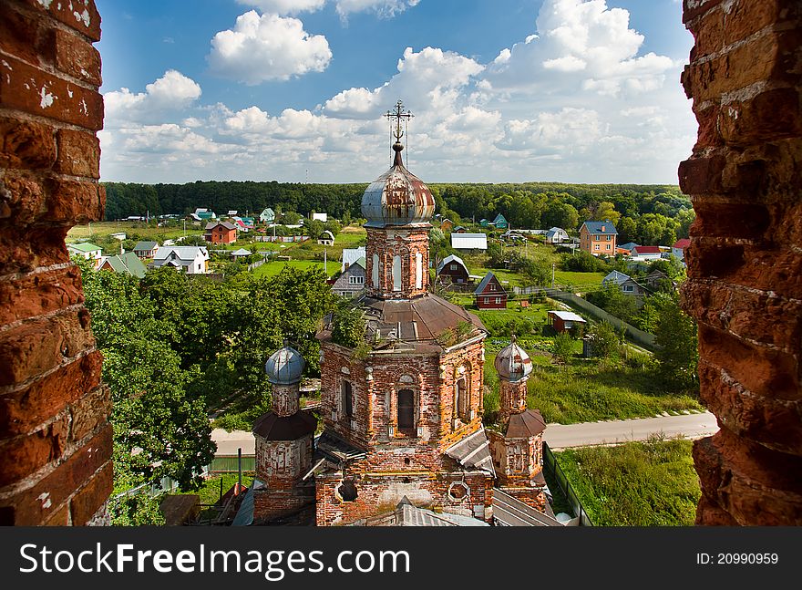 Old beautiful orthodox church bird-fly view. Old beautiful orthodox church bird-fly view