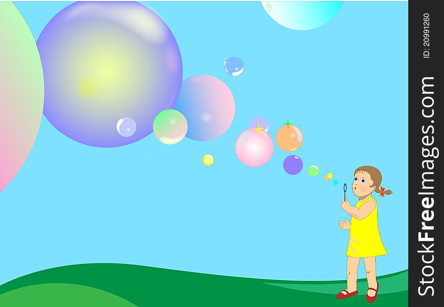 Baby girl blowing bubbles. Vector illustration.