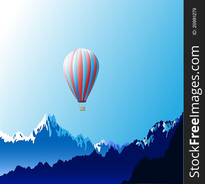 Mountains with hot air ballon. Vector illustration.