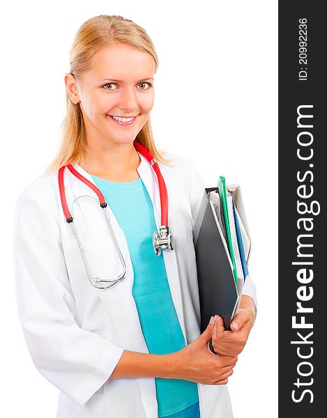 Young medical smiling woman doctor holding files portrait isolated on white background. Young medical smiling woman doctor holding files portrait isolated on white background