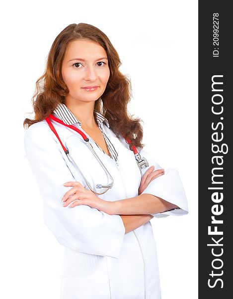 Young medical woman doctor portrait isolated on white background. Young medical woman doctor portrait isolated on white background