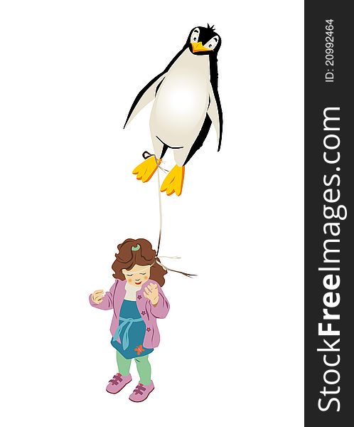 Young girl with penguin-air-balloon on a white background.