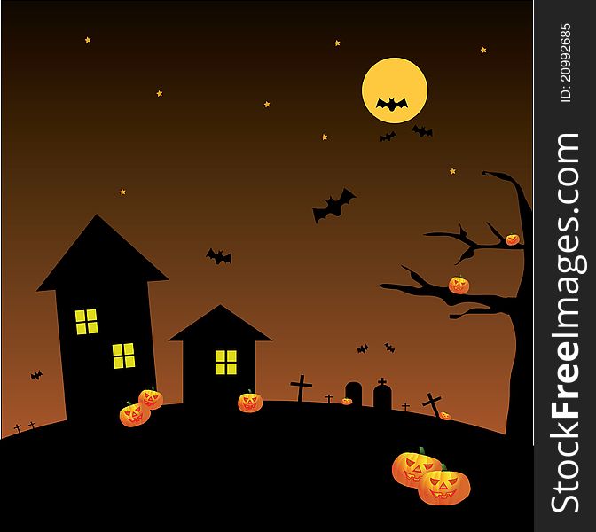Illustration of a full moon Halloween background with bats, pumpkins and buildings. Illustration of a full moon Halloween background with bats, pumpkins and buildings