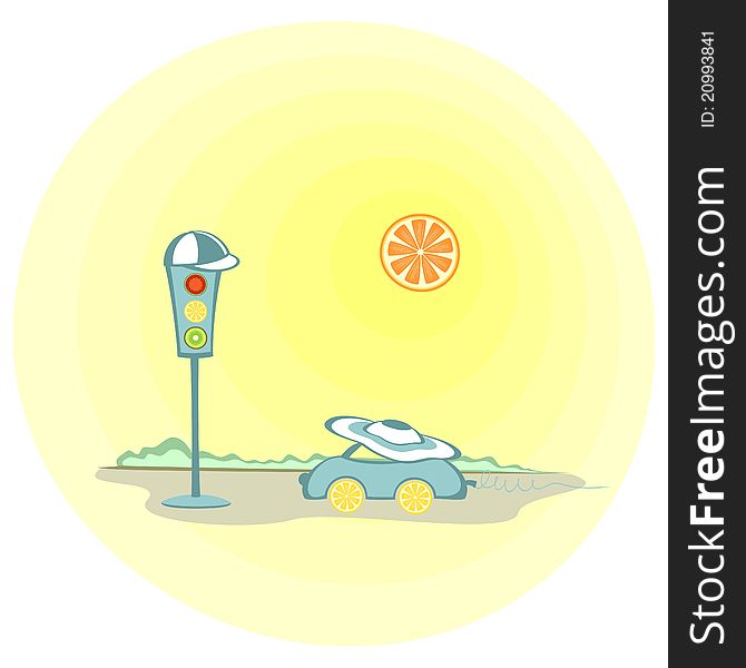 A car and a traffic lights wearing caps while the fruit-like sun shining