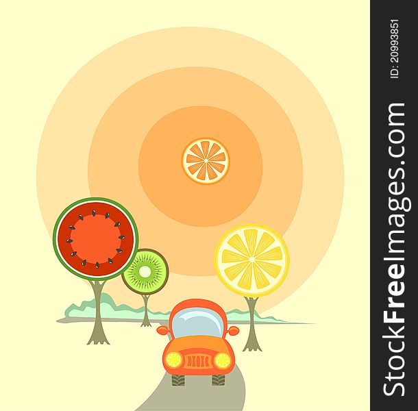 An orange car between fruit-like trees. An orange car between fruit-like trees