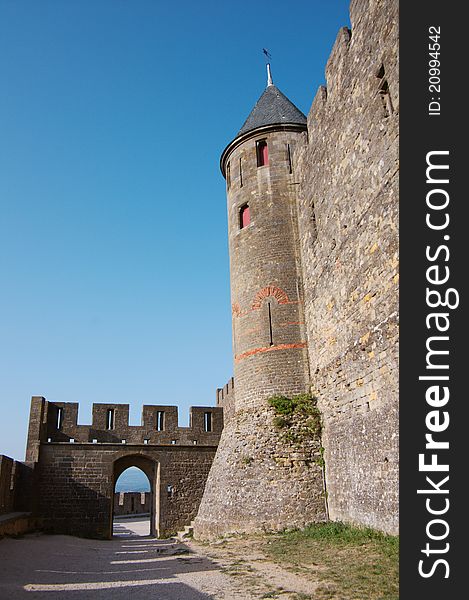 Walls of Carcassonne castle in France, Languedoc