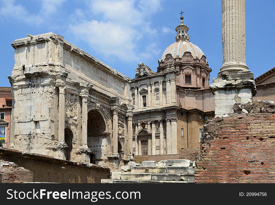 The Roman Forum (Latin: Forum Romanum, Italian: Foro Romano) is a rectangular forum (plaza) surrounded by the ruins of several important ancient government buildings at the center of the city of Rome. The Roman Forum (Latin: Forum Romanum, Italian: Foro Romano) is a rectangular forum (plaza) surrounded by the ruins of several important ancient government buildings at the center of the city of Rome.