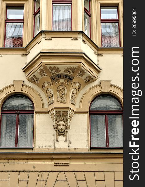 An image shows architecture details in Prague. An image shows architecture details in Prague