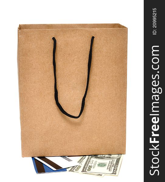 Shopping bag, plastic card and cash - shopping concept