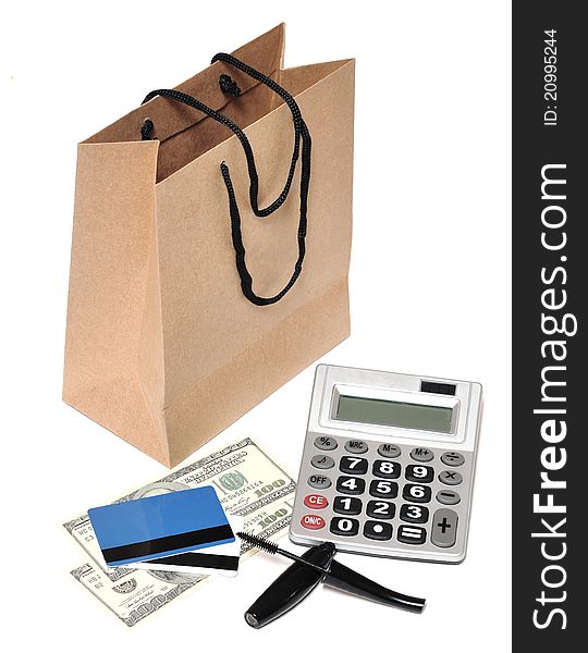 Shopping bag, plastic card and cash - shopping concept