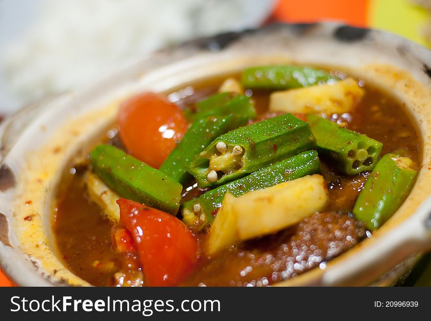 Spicy vegetable curry cooked with traditional Indian spices. Spicy vegetable curry cooked with traditional Indian spices.