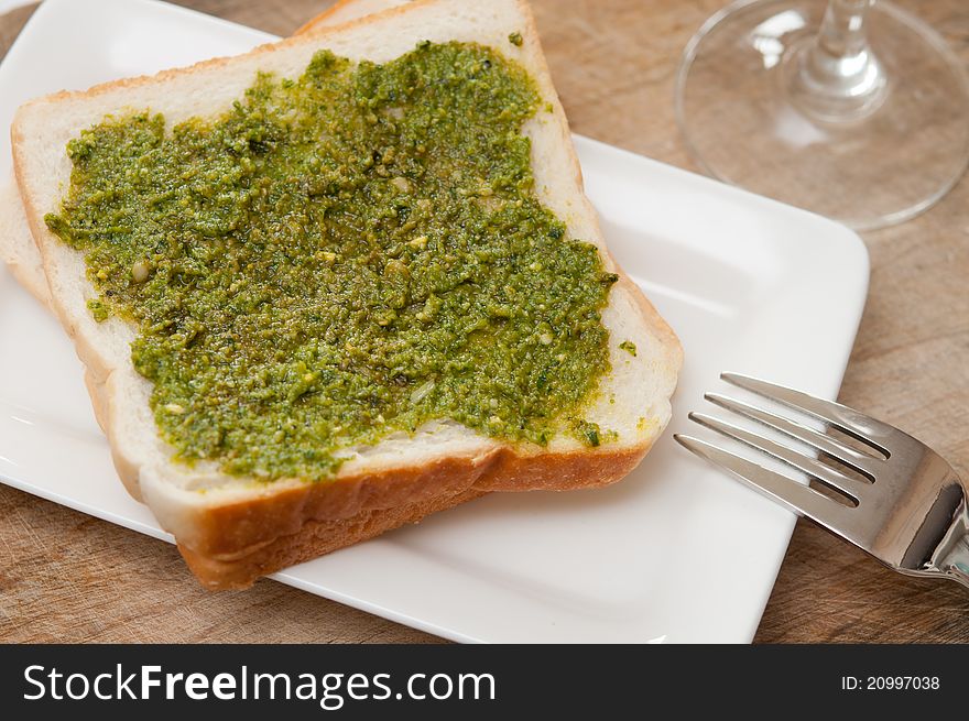 Special Italian toast for breakfast with delicious pesto spread.