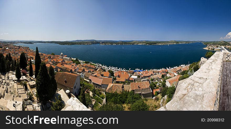 Panoramic view of old town Sibenik, St.James cathedral and the channel. Panoramic view of old town Sibenik, St.James cathedral and the channel