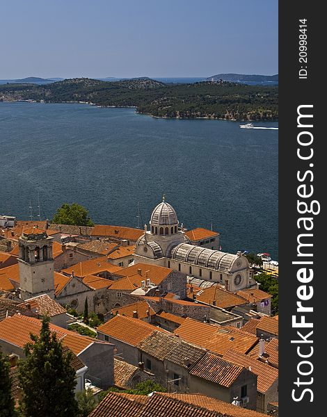Panoramic view of old town Sibenik, St.James cathedral and St.Dominic tower and the channel. Panoramic view of old town Sibenik, St.James cathedral and St.Dominic tower and the channel