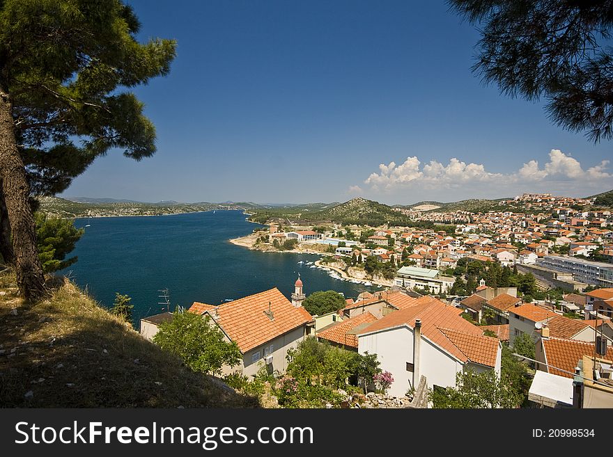 Panoramic view on Sibenik channel and houses. Panoramic view on Sibenik channel and houses