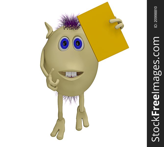 3D puppet with purple hairs holding yellow book. 3D puppet with purple hairs holding yellow book