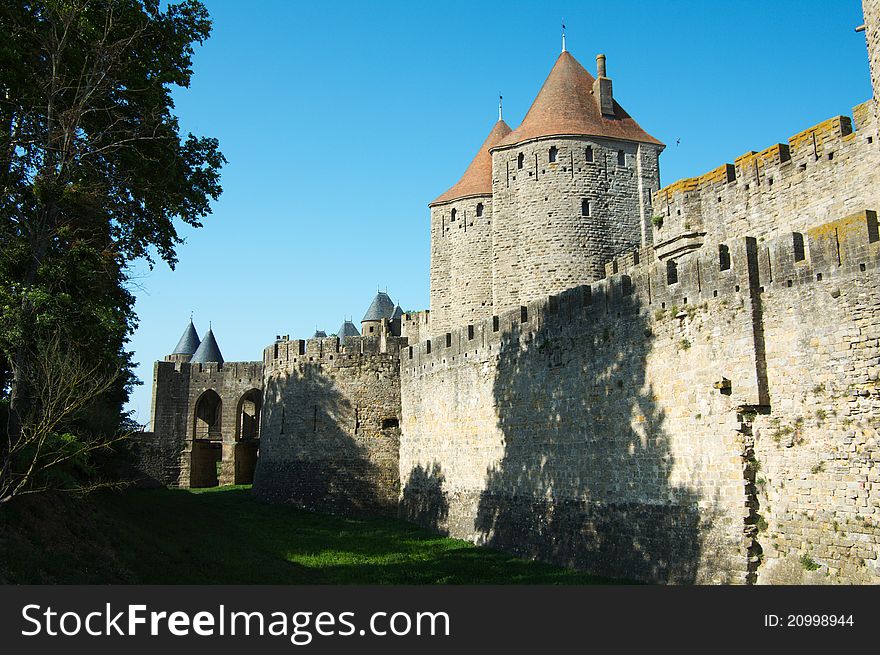 Walls and towers of Carcassonne castle in France, Languedoc. Walls and towers of Carcassonne castle in France, Languedoc