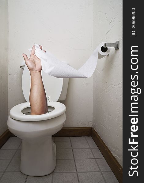 A hand coming out of a toilet holding a toilet paper. A hand coming out of a toilet holding a toilet paper.