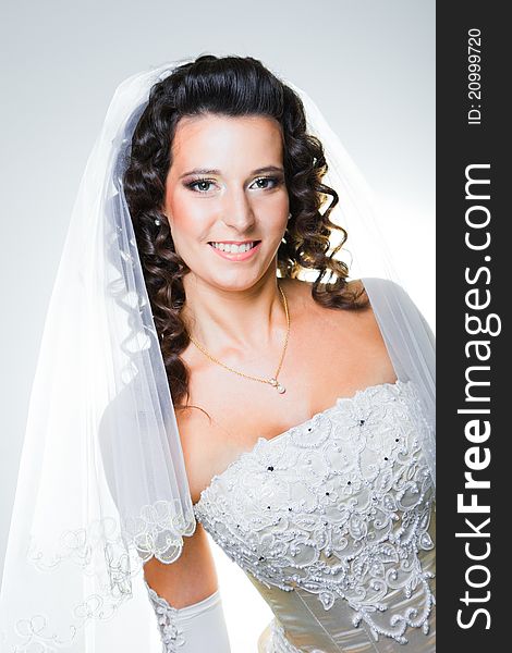 Studio portrait of attractive bride wearing elegant wedding dress with white veil. Studio portrait of attractive bride wearing elegant wedding dress with white veil