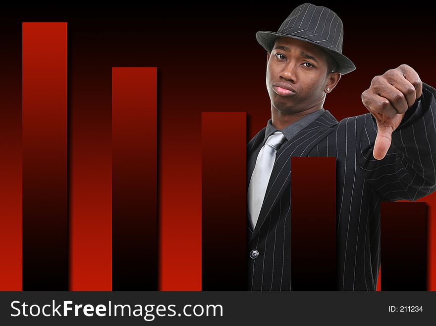 Businessman With Thumb Down Over Falling Graph Background. Red and black graph.