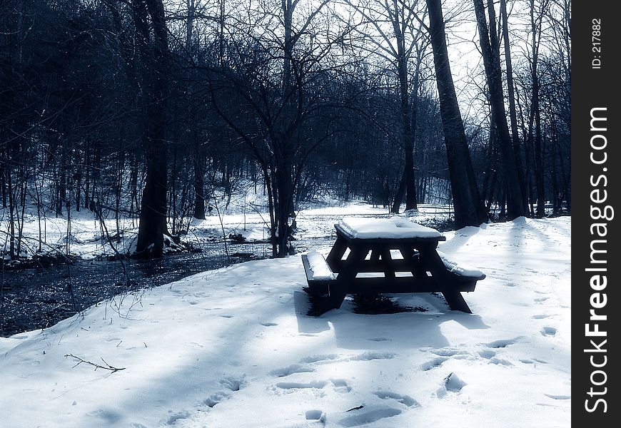 Picnic Table In The Snow, Blue Toned