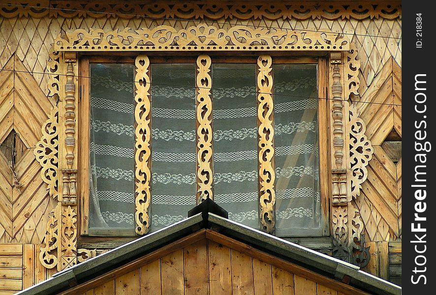 Window decoration. Wooden architecture, detail. Carpathian Mountains, Ukraine.