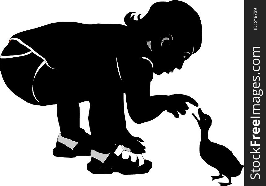 Silhouette illustration of a little kid looking at a duckling. Silhouette illustration of a little kid looking at a duckling
