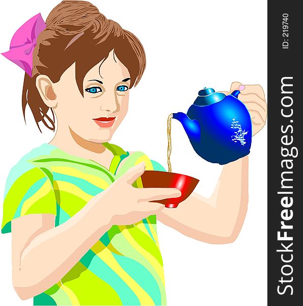 Digital illustration of a girl pouring tea, painted in the computer.