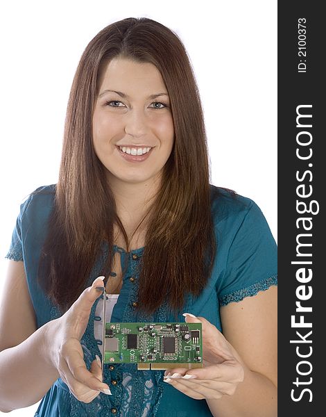 Woman holding PCI card