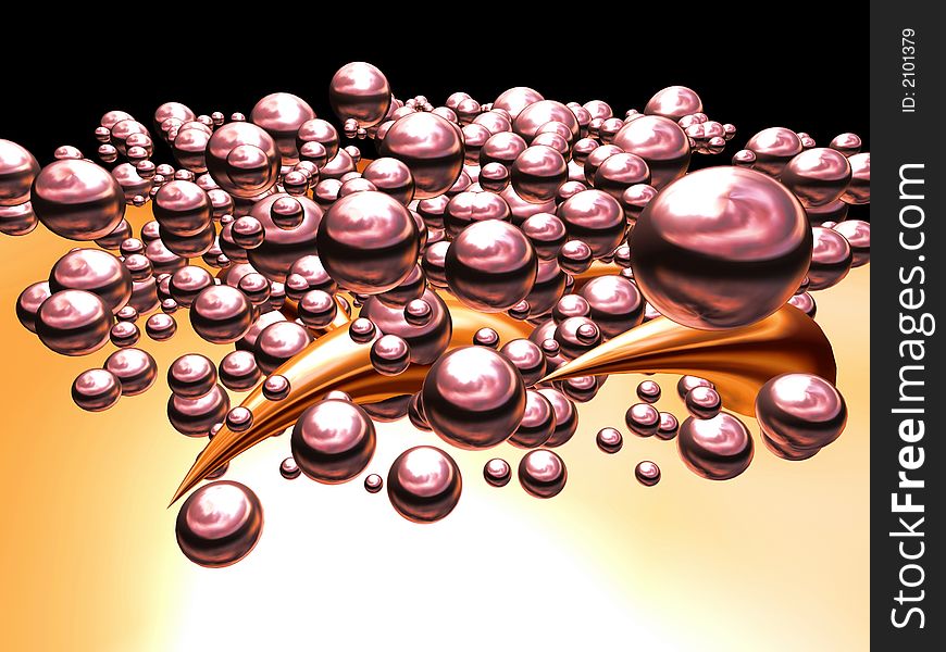 Silver red balls and golden objects on the delicate background. Illustration made on computer.